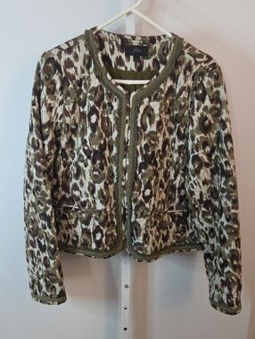 J. Crew Quilted Ikat Abstract Leopard Lady Jacket Size L Braid Trim Olive Brown